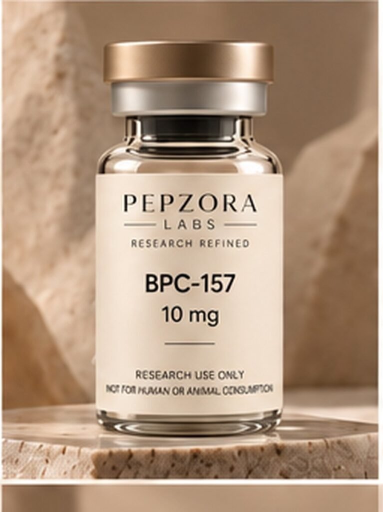 BPC-157 10mg research vial — Pepzora Labs, research use only