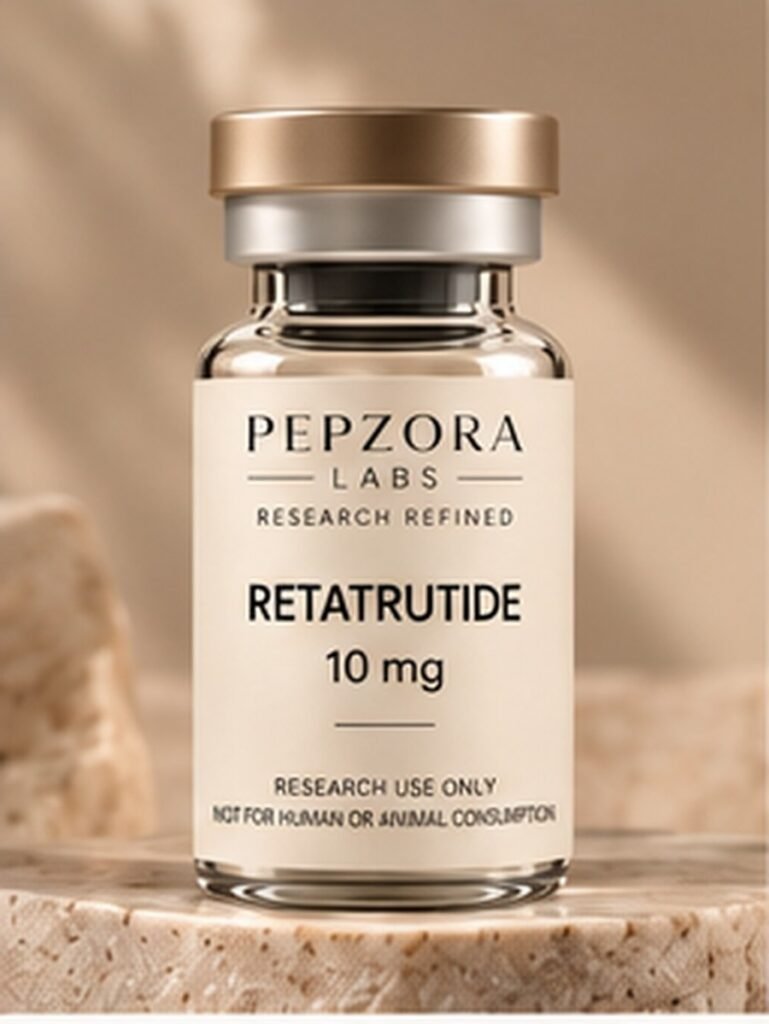 Retatrutide 10mg research vial — Pepzora Labs, research use only